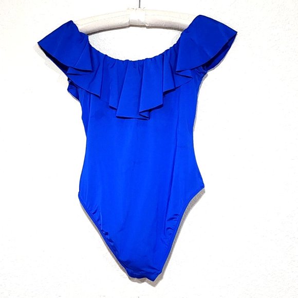 Trina Turk Monaco Solids Off Shoulder Ruffle One Piece Swimsuit 8* 6* Royal Blue - Picture 4 of 8